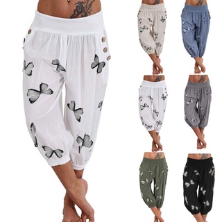 Pantalones casuales para mujer 3/4 Harem Pants casuales pantalones elásticos de Cintura de verano de mariposa estampados pantalones casuales con bolsillos (1)