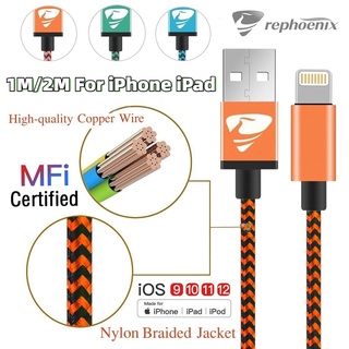 rephoenix mfi certificado lightning iphone cable de carga de nailon tejido cable de carga para iphone 12 pro max 11pro xsmax 7 8plus ipad