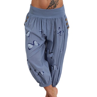Pantalones casuales para mujer 3/4 Harem Pants casuales pantalones elásticos de Cintura de verano de mariposa estampados pantalones casuales con bolsillos (6)