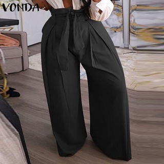 Vonda Women Casual Solid Color Loose High Waist Belted Wide Leg Long Trousers (7)
