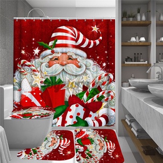 Rojo Impermeable Navidad Santa Claus Baño Cortina De Ducha Juego De Alfombras