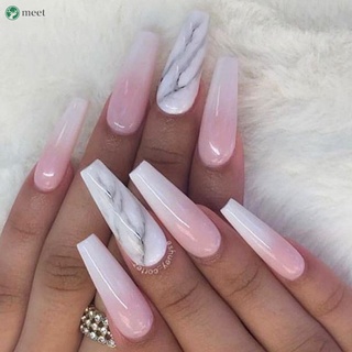 24pcs rosa gradiente parche de uñas patrón de mármol tipo pegamento extraíble párrafo largo moda manicura uñas postizas parche