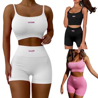 ★Iw✬Conjunto de ropa Casual de dos piezas para mujer, cuello en forma de U, sin mangas, Crop Tops y pantalones cortos, rosa/negro/blanco