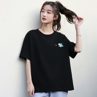 Camiseta negra de manga corta hembra letra floja media manga de fondo