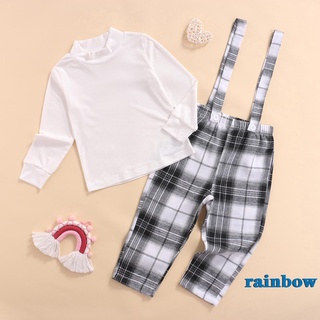 Rainbow-2 piezas trajes de navidad para bebés, niñas acanaladas de manga larga cuello redondo camiseta + pantalones de tirantes a cuadros (4)