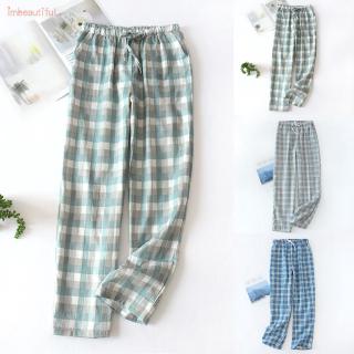 Hombres Casual verano suelto cintura elástica a cuadros azul gris pijama fondos pantalones ropa de dormir (9)