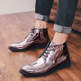 Tamaño 38-46 hombres Formal Brogues High Tops zapatos de negocios de cuero liso botas de tobillo plata