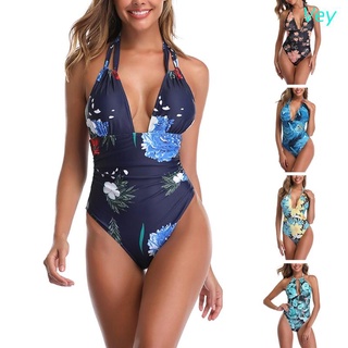 vey mujeres sexy bikini de una pieza traje de baño halter cuello en v sin respaldo acanalado monokini boho impresión floral control de barriga traje de baño