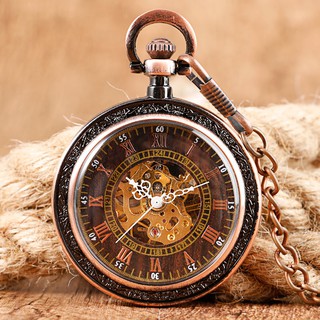 Reloj de bolsillo mecánico de bronce rojo de cara abierta de números romanos mecánicos