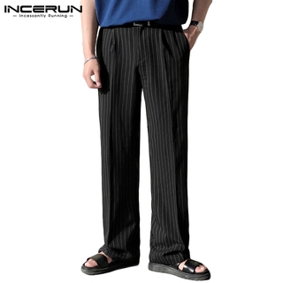 INCERUN hombres delgado Casual rayas pierna ancha cintura alta estilo coreano pantalones rectos