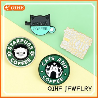 Cats Coffee Enamel Pin Pug Puppy Cat Cafe Brooches Badges Bag Shirt Lapel Pin Buckle Animal Jewelry Gift for Book Cat Lover