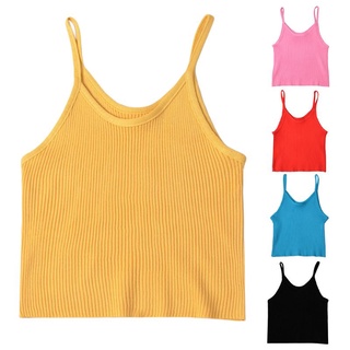 Women Spaghetti Straps Basic Crop Top Bright Solid Color Camisole Ribbed Vest