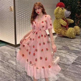 [Cod] ❤ Listo Stock: vestido de fresa de manga corta, verano francés, falda de Bellflower, primer vestido de amor, mejor regalo