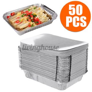 50 bandejas de papel de aluminio para barbacoa, recipiente de alimentos desechables, con tapas, 150 x 120 x 48, 208 x 147 x 45 mm