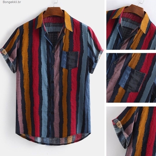 Bgk Camisa De Manga corta con cuello en el pecho/camiseta De rayas De múltiples colores sueltos para hombre