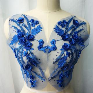 2 piezas azul real bordado perla de encaje apliques de malla de flores red recorte cuello de tela vestido de novia decoración