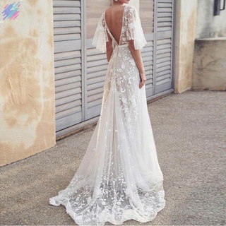 playa vestido de novia blanco vestidos de novia de encaje apliques tren casual cuello v vestido (7)