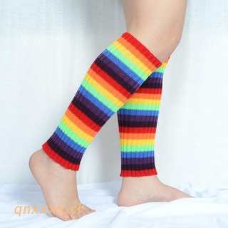 qnxxxx mujeres longitud de becerro calentadores de piernas arco iris colorido rayas acanalado punto calcetines largos