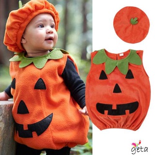 Ljw-Baby Halloween disfraces conjunto, sin mangas cuello redondo botón de espalda calabaza larga suelta Top camisa, gorro elástico conjunto
