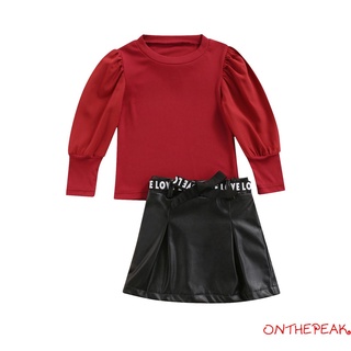 Ont-fashionable niños falda conjunto, Puff manga larga cuello redondo Color sólido Tops Bowknot cintura falda de cuero