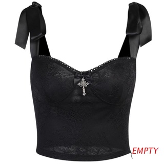 EMPTY Women Gothic Punk Sexy Floral Lace Crop Top Backless Tie-Up Bandage Strap Camisole Harajuku Metal Cross Sleeveless Vest (1)