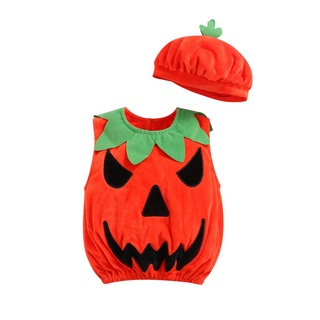 ➹-bebé 2 piezas trajes de Halloween, manga larga de calabaza disfraz Tops con sombrero conjunto