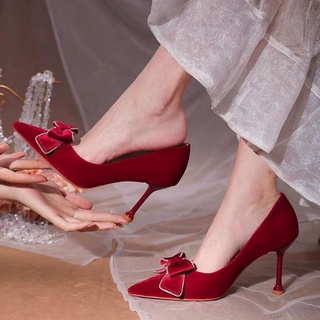 Xiuhe Zapatos De Ropa De Tacón Alto Boda De Las Mujeres Vino Rojo Chino retro Arco stiletto Novia Vestido