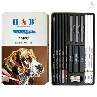 h&b 15 pzs/juego de artículos de arte/kit de dibujo/lápiz de carbón blanco y lápices pastel/herramientas de pintura