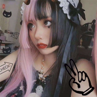 vicenory mujeres mujeres doble color toupee extensión de pelo largo pelo recto negro y rosa peluca larga gruesa sintética flequillo harajuku estilo goth pelo cosplay lolita (4)