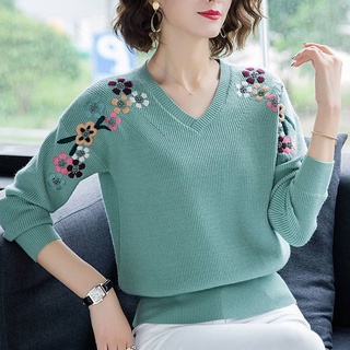 Slim V-cuello de la flor bordado de punto jerseys para las mujeres de la moda de primavera elástico suéteres de gran tamaño Casual prendas de punto Tops Femme (1)