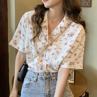 Retro Floral Top traje de negocios cuello verano coreano suelto camisa de manga corta