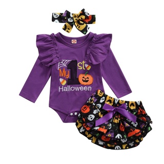 ♨Rh-baby Girls - juego de ropa de Halloween, cuello redondo, manga larga, tocado y falda (1)
