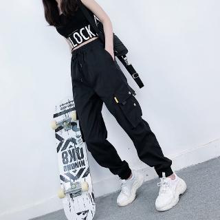 [S-3Xl] las mujeres de la moda Streetwear pantalones de carga negro longitud de tobillo elástico cintura corredores mujer suelto Casual más el tamaño de Haren pantalones