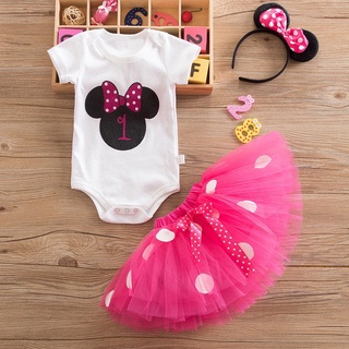 Bebé niñas Minnie Mouse punteado fiesta mameluco falda diadema conjuntos de ropa (1)