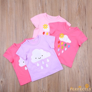 Pft7-Zz bebé verano Casual camiseta, niñas de dibujos animados nube lluvia patrón de manga corta cuello redondo jersey
