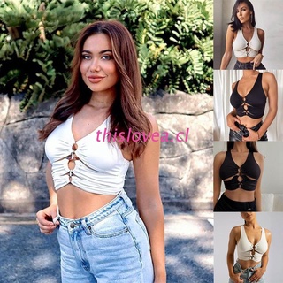 THIS Women Summer Sleeveless Sexy V-Neck Crop Top Hollow Out Ruched O-Ring Front Slim Vest Solid Color Casual Bodycon Corset