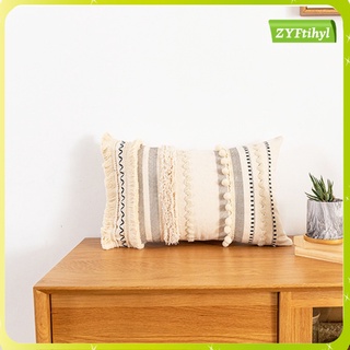 funda de almohada boho marroquí rectangular de algodón tejida para sofá, color marfil
