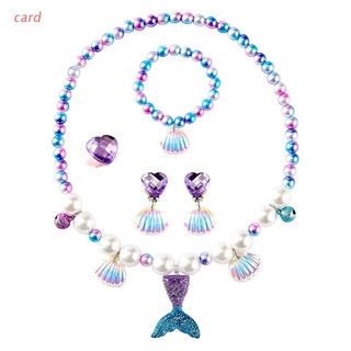 juego de 5 piezas de collar de perlas de cola de pez púrpura para niños, pulsera, pendientes, pendientes