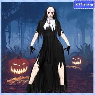 Mujer Halloween Fiesta Cosplay Conjunto Vestido Medieval Monja Fancy Disfraz Negro S