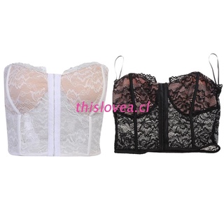 THIS Womens Sexy Floral Lace Corset Crop Top Strapless Hook Front Overbust Bustier