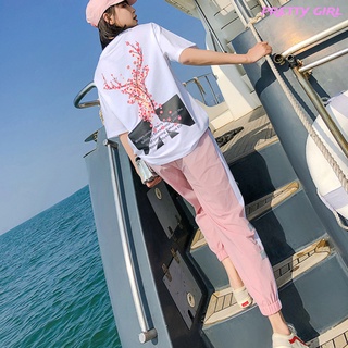 【Ready Stock】 2 Pcs/set Women Casual Suit Printing Sports T-shirt + Straight Trousers (1)