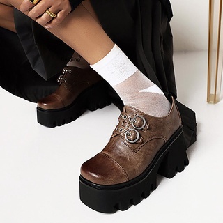 [Gon] zapatos de plataforma gruesos para mujer Vintage cuadrado dedo del pie de la moda de Metal hebilla correa B