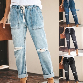 cheese97 vintage mujeres angustiado ripped denim cordón elástico cintura jeans pantalones largos