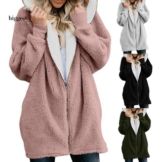 bigg_zipper cierre de manga larga abrigo de invierno de felpa de longitud media con capucha de las mujeres abrigo ropa de abrigo