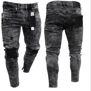 Nuevos jeans ajustados europeos y americanos casuales de nieve con cremallera para hombre