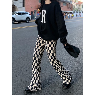 [Real spot shots] checkerboard micro horn check pants high waist slim casual pants pants + letter sweater