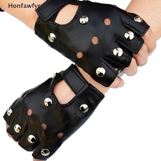 honfawfyr - guantes cortos de cuero sin dedos, remaches negros, medio dedo, moda *venta caliente