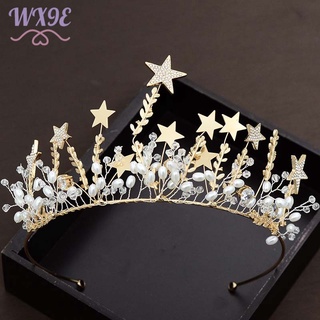 Wx9e moda Color oro pentagrama novia corona joyería diamantes de imitación estrellas corona Tiaras para novia princesa boda joyería de pelo (4)
