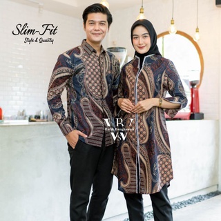 Batik túnica pareja moderna pareja ropa conjunto Banyumili azul marino largo Slimfit Batik camisa para las mujeres Batik vestido