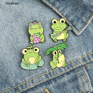 [linshan] Enamel Pin Custom Frog Lotus Leaf Brooches Bag Lapel Pin Cartoon Animal Badge [HOT]